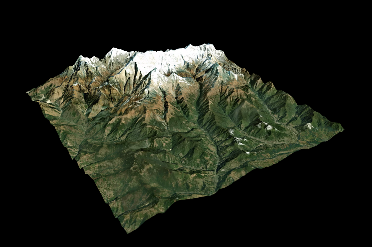 Step 1: Satellite map with 3D terrain exaggeration